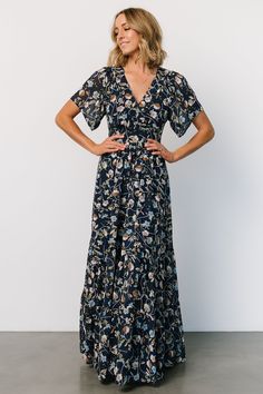 Katherine Maxi Dress | Dark Blue Floral 34c Size, Casual Long Dresses, Dress Dark Blue, Baltic Born, Tiered Maxi Skirt, Style Dark, Surplice Neckline, Dress Dusty, Long Dress Casual