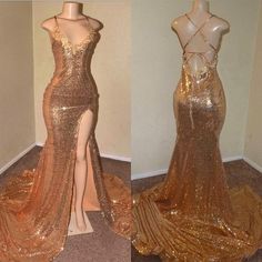 Sexy Gold Sequin Spaghetti-Straps Slit Prom Dresses · Yaydressy · Online Store Powered by Storenvy Prom Goals, Mermaid Gown Prom, Gold Prom, Prom Girl Dresses, Spaghetti Strap Prom Dress, Sequin Evening Dresses, Dresses Mermaid, Dresses Homecoming, Sequin Prom Dresses