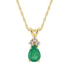 "Decorated with a captivating emerald center stone and diamond accents, this 14k gold teardrop pendant beautifully enhances your look. Decorated with a captivating emerald center stone and diamond accents, this 14k gold teardrop pendant beautifully enhances your look. Pendant size: 1/2""L x 1/4""W Chain length: 18 in. Chain type: rope Clasp: spring-ring Metal: 14k gold Finish: polished Packaging: boxed STONE DETAILS Stone type: emerald Total weight: 3/4 ct. Center stone size: 7 mm x 5 mm Shape: Fine Jewelry Emerald Teardrop Necklace For Anniversary, Fine Jewelry Teardrop Emerald Necklace For Anniversary, Teardrop Emerald Necklace With Diamond For Anniversary, Teardrop Diamond Emerald Necklace For Anniversary, Teardrop Emerald Necklace In Yellow Gold For Formal Occasions, Teardrop Yellow Gold Emerald Necklace For Formal Occasions, Yellow Gold Teardrop Emerald Necklace For Formal, Formal Teardrop Emerald Necklace In Yellow Gold, Formal Yellow Gold Teardrop Emerald Necklace