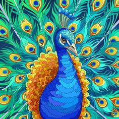 a painting of a peacock with blue feathers