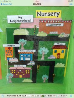 a bulletin board with pictures of houses and trees on it's sides, along with the words nursery neighborhood