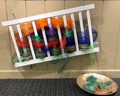 there is a bowl with yarn on it next to a rack