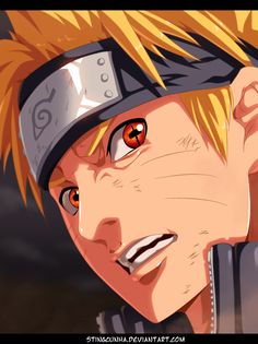 an anime character with blonde hair and red eyes looking to his left, while staring at the camera