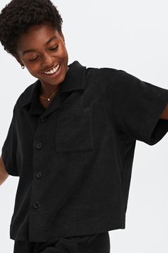 Island Terry Boxy Button Up Fabletics black female Activewear >> Womens >> Tops >> Short Sleeve T-Shirts >> Short-Sleeve Top regular Swim Front Closure/Pockets Lounge-worthy, lightweight terry shirt Cropped Button Up Shirt, Athletic Crop Top, Tops Short Sleeve, Velour Hoodie, Collar Shirt, Black Tank Tops, Long Sleeve Crop Top, Collar Shirts, Active Wear For Women