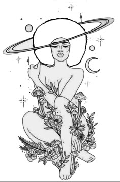 a drawing of a woman sitting on the ground with flowers and saturn in her hair