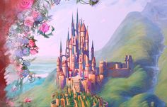 a painting of a castle on a hill with flowers in the foreground and a pink rose border around it