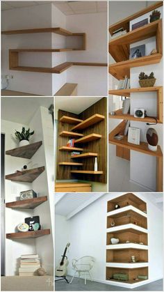 some shelves that are made out of wood and have bookshelves on top of them