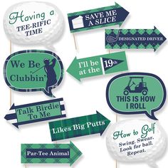 green and white golf themed party photo booth props with sayings, signs, and stickers