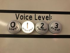 four buttons with the words voice level and number 1, 2, 3, 4, 5, or 6 written on them