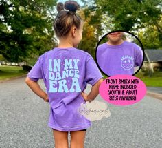 In My Dance Era, Girls Dance Shirt, Personalized Name Shirt, Toddler Dance, Youth Comfort Colors® Competition Shirt, Trendy Girls Dance Team Keep your little ones on trend  when heading back to school with our concert inspired retro era design cheer shirt. Optional personalization with your child's name on the front. Comfort Colors® are 100% heavyweight cotton.  They are soft and comfortable.  Sure to be a favorite. 📋 HOW TO ORDER: 1. Select the size 2. Select the color (Limited colors available in XXS) 3. Select the quantity  4. Add personalization if required 5.Add to Cart ("buy now" will take you directly to checkout and "add to cart" will allow you to continue shopping with us) 6. Submit order (Shipping will automatically be combined for you) Always FREE SHIPPING on orders of $35 or m Softball Mom Shirt, Toddler Dance, Funny Toddler Shirt, Funny Toddler, Softball Mom Shirts, Dance Shirt, Heat Press Designs, Toddler Humor, Cheer Shirts