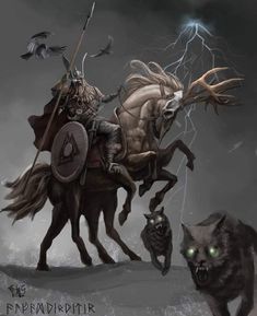 an image of a man riding on the back of a horse next to a wolf