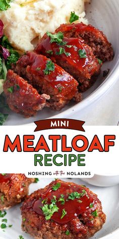 meatloaf recipe on a plate with mashed potatoes and garnishes