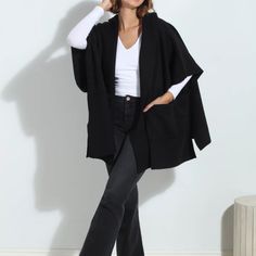 Black One Size Brand New Poncho Black Cape-style Outerwear For Work, Fall Workwear Poncho Cape, Oversized Black Winter Cape, Modern Fall Cape For Workwear, Modern Cape For Workwear In Fall, Casual Oversized Cape Cardigan, Chic Fall Poncho Cape, Black One-size Cape Outerwear, Black Cape Poncho For Work