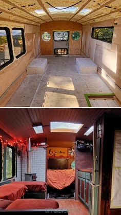 the inside and outside of an rv that is being remodeled with wood paneling on the walls