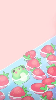 there are many strawberries on the table with pink walls in the backround