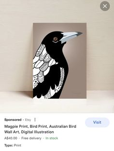 an image of a black bird with white feathers on it's head and the words, magpie print, bird print, australian bird wall art digital illustration