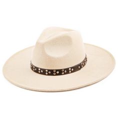 Color: Beige/ Black Studded Strap Chic Cream Felt Hat For Summer, Beige Brimmed Felt Hat For Vacation, Beige Felt Hat For Summer Rodeo, Beige Wide Brim Felt Hat For Vacation, Beige Wide Brim Felt Hat For The Beach, Beige Brimmed Felt Hat For Beach, Beige Fedora Felt Hat For Beach, Beige Felt Hat For Vacation, Beige Felt Hat For Beach In Summer