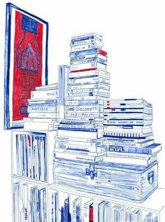 a drawing of stacks of books on a shelf