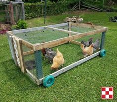 several chickens in a chicken coop on the grass