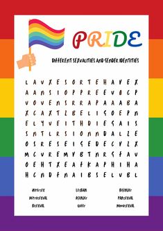 a rainbow word search page with the words pride on it and a hand holding a rainbow flag