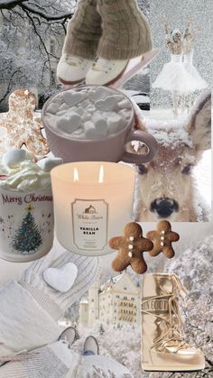 a collage of christmas items including candles, sweaters and other things in the snow