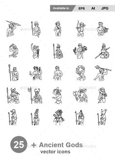 25 ancient gods icons - miscellaneous symbols / objects web element pack, black and white version