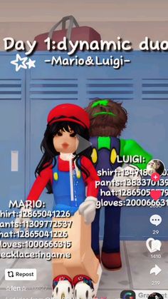 an animated character is standing in front of a locker with another character behind it and the caption reads, day 1 dynamic duo mario & luigi