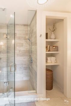 a walk in shower sitting inside of a bathroom