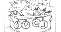 a coloring page with hearts in a pot and the word love hanging from it's handles