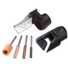 an assortment of different tools including a sharpener