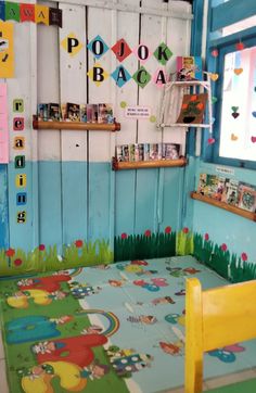 a child's playroom with colorful walls and flooring