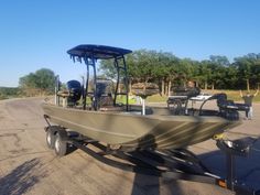 a small boat is parked on the trailer