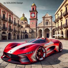 a red and white sports car parked in front of a building with a clock tower