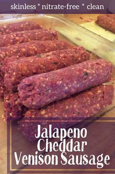 an image of sausages in a container with text overlay that reads jalapeno cheddar venison sausage