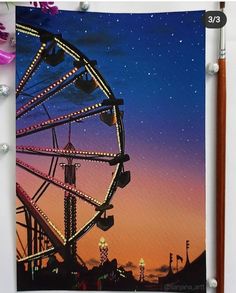 a painting of a ferris wheel at night with stars in the sky and lights on it