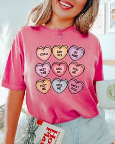 This cute Unisex Comfort Colors Candy Hearts shirt would make the perfect matching couple's shirt this Valentine's Day! Comes in multiple colors! Check out more designs here: www.etsy.com/shop/jadeandroseshop ✨️SIZE AND FIT: Your shirt will be printed on a high-quality, soft and comfortable unisex t-shirt. Sizes run true to size, which takes the guesswork out of ordering. If you like your t-shirts loose or oversized - size up. For a more fitted women's style - size down. If you are looking for t Western Style Shirt, Unique Valentines Day Gifts, Girls Trip Shirts, Conversation Hearts, Comfort Colors Tshirt, Lucky Shirt, Matching Couple Shirts, Valentines Day Shirt, Candy Hearts