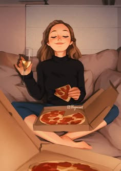 a woman sitting on a bed with two pizzas in front of her