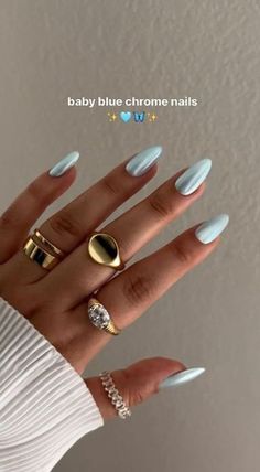 I'm head over heels for light blue chrome nails! They capture light and attention like nothing else, giving off that futuristic, pretty and undeniably cool Baby Blue Chrome Nails, Baby Blue Chrome, Baby Blue Nails, Nagellack Trends, Blue Chrome, Chrome Nails Designs, Chic Nails