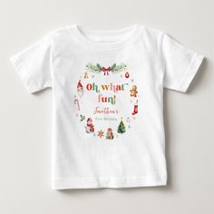 Colorful oh what fun first Christmas birthday baby t-shirt. Christmas Birthday, Baby Girl Shoes, Baby Tshirts, Hat Crafts, First Christmas, Gaming Wall Art, Baby Accessories, Baby Girl Clothes, Craft Party