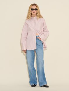 Made from pure cotton, the Oak Striped shirt has a relaxed, flowing fit. It has a classic collar, buttoned front, a chest pocket and a curved hem. Pink Striped Shirt Outfit, Striped Shirt Outfit, Pink Striped Shirt, Blazer And T Shirt, Denim Gift, Stripe Shirt, Runway Collection, Pink Shirt, Pink Stripes