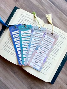 three bookmarks sitting on top of an open book