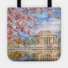 a watercolor painting of the jefferson memorial with cherry blossom trees in bloom and reflecting in the water