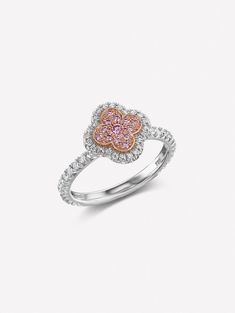 Argyle Pink Diamond Halo Azalea Ring by J FINE Argyle Pink Diamond Engagement Ring, Argyle Diamond Ring, Pink Diamond Rings, Argyle Pink Diamonds, Rare Diamond, Pink Diamond Ring, Argyle Diamonds, Floral Halo, Pink Diamonds