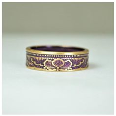 1938 Japanese 1 Sen Coin Ring w/Purple nanoceramic: - Glowing Brass  Coin Ring - Your choice of Nano Ceramic Color. (see the second photo) - Comes in a cute box ready for gift giving. - Made to order, just for you. These rings are handcrafted using a rare brass Japanese One Sen Coin. Issued only in 1938 they feature a beautiful wave and cherry blossom design that will be on the outside of the ring. The inside of the ring features the date and issuing authority in Japanese script. You can see the Japanese Script, Boho Rings Gold, 21st Anniversary, Purple Ring, Rustic Wedding Rings, Ring Purple, Gold Rings Simple, Purple Rings, Bohemian Ring