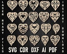 paper cut hearts with ornate designs on black background