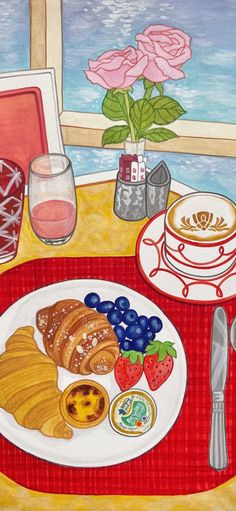 a painting of food on a table next to a vase with pink roses in it