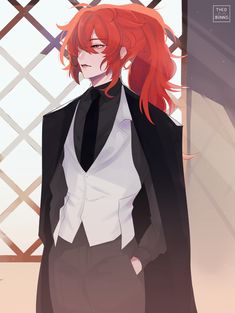 an anime character with red hair wearing a black suit and white shirt, standing in front of a window