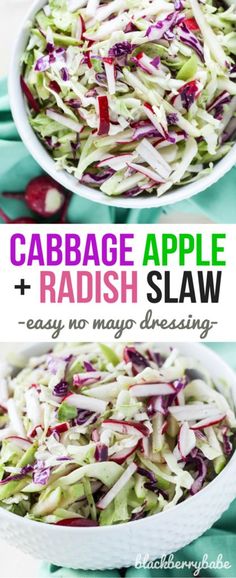 cabbage and radish slaw salad in a white bowl with the title above it