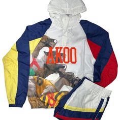 This Is A Two Piece, Lightweight, Windbreaker Set. Both The Jacket And The Pants Are A Size 2x. The Akoo Races Hooded Half-Zip Jacket Features Raglan Sleeves, Adjustable Drawcord Hood, Front Panel Screen Print, Elastic Waist, And Welt Pockets. The Akoo Track Pant Is A Three Pocket, Color Blocked Jogger Featuring An Adjustable Drawcord Waist, Patch And Screen Print Detail. There Is A Light Spot On The Elbow Which May Come Out When Washed, See Pic This Item Is New With Tags Color: Bleached White A Casual Fitted White Windbreaker, Casual Fitted White Track Jacket, White Fitted Casual Track Jacket, Men Jumpsuit, Panel Screen, There Is A Light, Half Zip Jacket, Jumpsuit Men, Blue And White Style