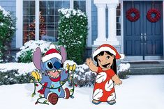 two cartoon characters standing in front of a house with snow on the ground and wreaths behind them